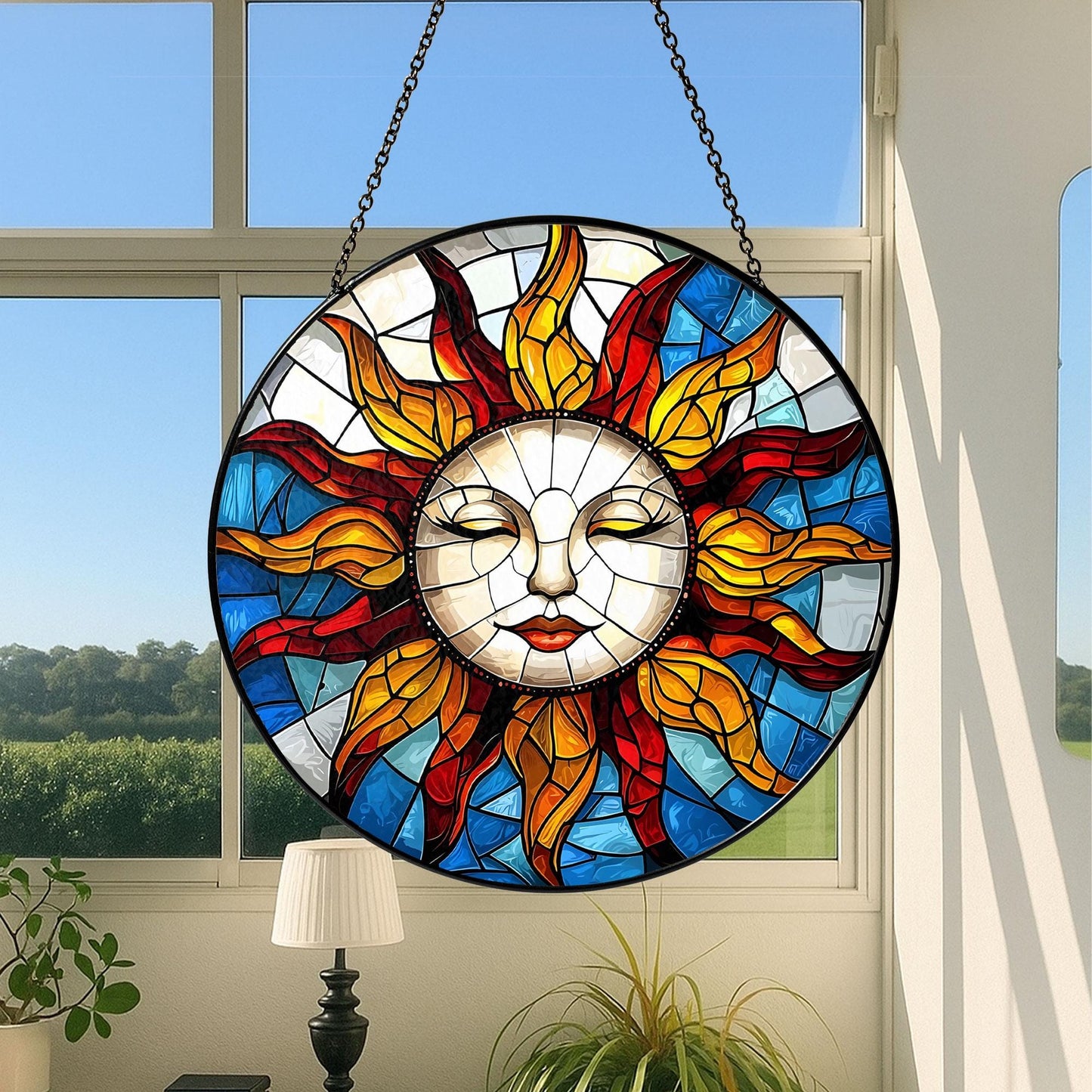 Sun Face Glass Suncatcher, Sun Suncatcher Ornament, Faces Light Catcher Window Hanging, Whimsical Spiral Sun, Sun Decor, Sun Set Lover Gift