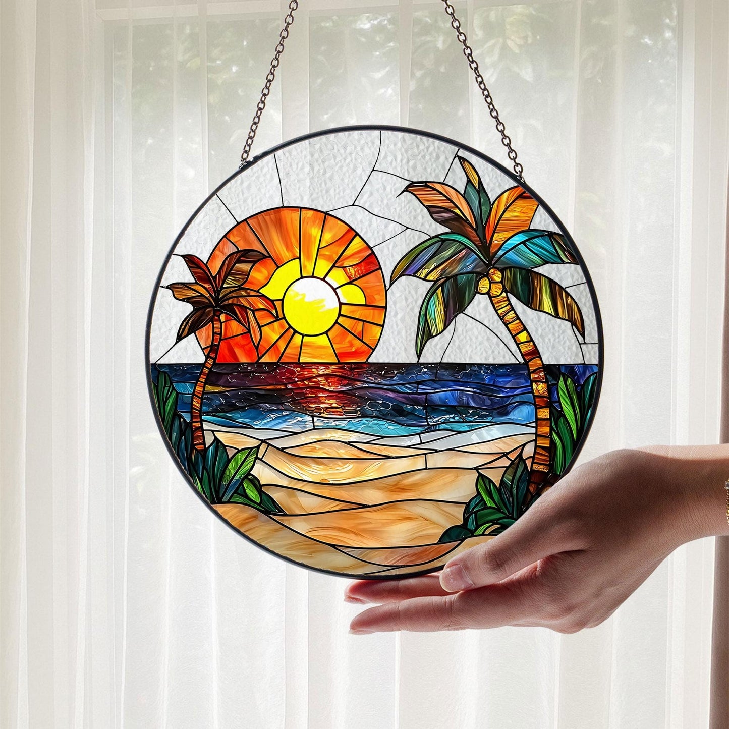 Beach Stained Glass Suncatcher, Colorful Ocean Sunset Glass Window Hanging, Palm Tree Hibiscus Summer Decor, Beach Lover Gift, Coastal Gift