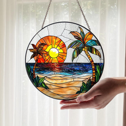 Beach Stained Glass Suncatcher, Colorful Ocean Sunset Glass Window Hanging, Palm Tree Hibiscus Summer Decor, Beach Lover Gift, Coastal Gift