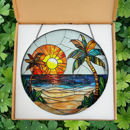 Beach Stained Glass Suncatcher, Colorful Ocean Sunset Glass Window Hanging, Palm Tree Hibiscus Summer Decor, Beach Lover Gift, Coastal Gift