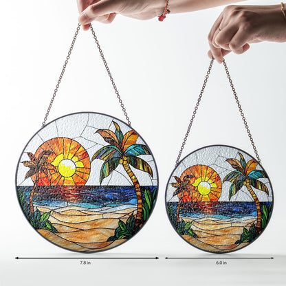 Beach Stained Glass Suncatcher, Colorful Ocean Sunset Glass Window Hanging, Palm Tree Hibiscus Summer Decor, Beach Lover Gift, Coastal Gift
