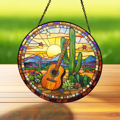 Cactus Stained Glass Suncatcher, Southwestern Glass Hanging, Music Lover Gift, Tropical Home Decoration, Southwestern Decor, Cactus Accent