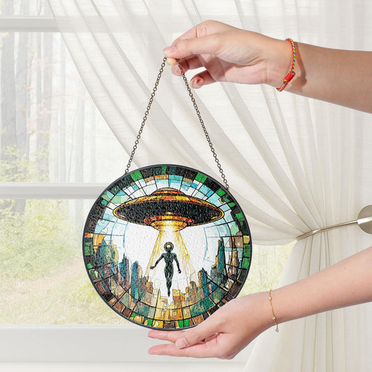 Alien UFO Abduction Stained Glass Suncatcher, UFO Wall Art, Cryptid Hanging Home Decoration, Alien Cryptozoology Decor, Spaceship Decor