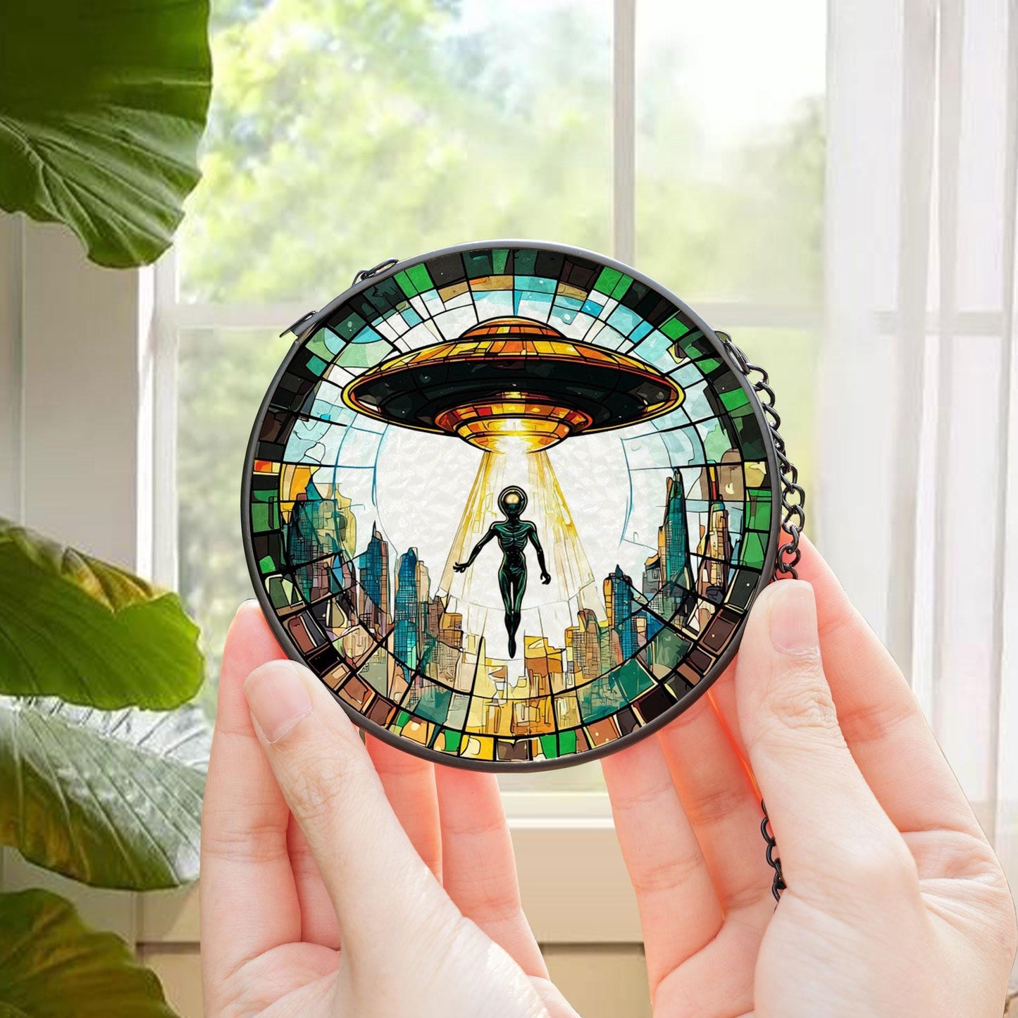 Alien UFO Abduction Stained Glass Suncatcher, UFO Wall Art, Cryptid Hanging Home Decoration, Alien Cryptozoology Decor, Spaceship Decor