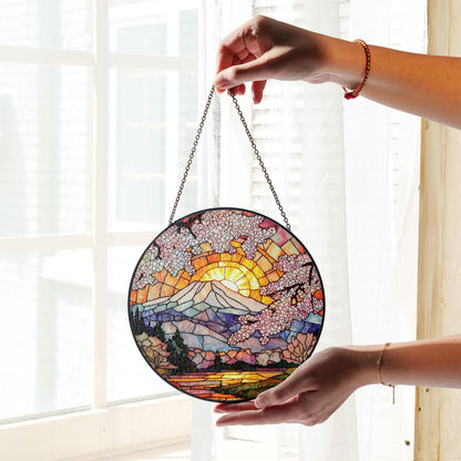 Cherry Blossom Stained Glass Suncatcher – Mount Fuji with Sunrise and Sakura Trees – Round Japanese Window Hanging Spring Decor