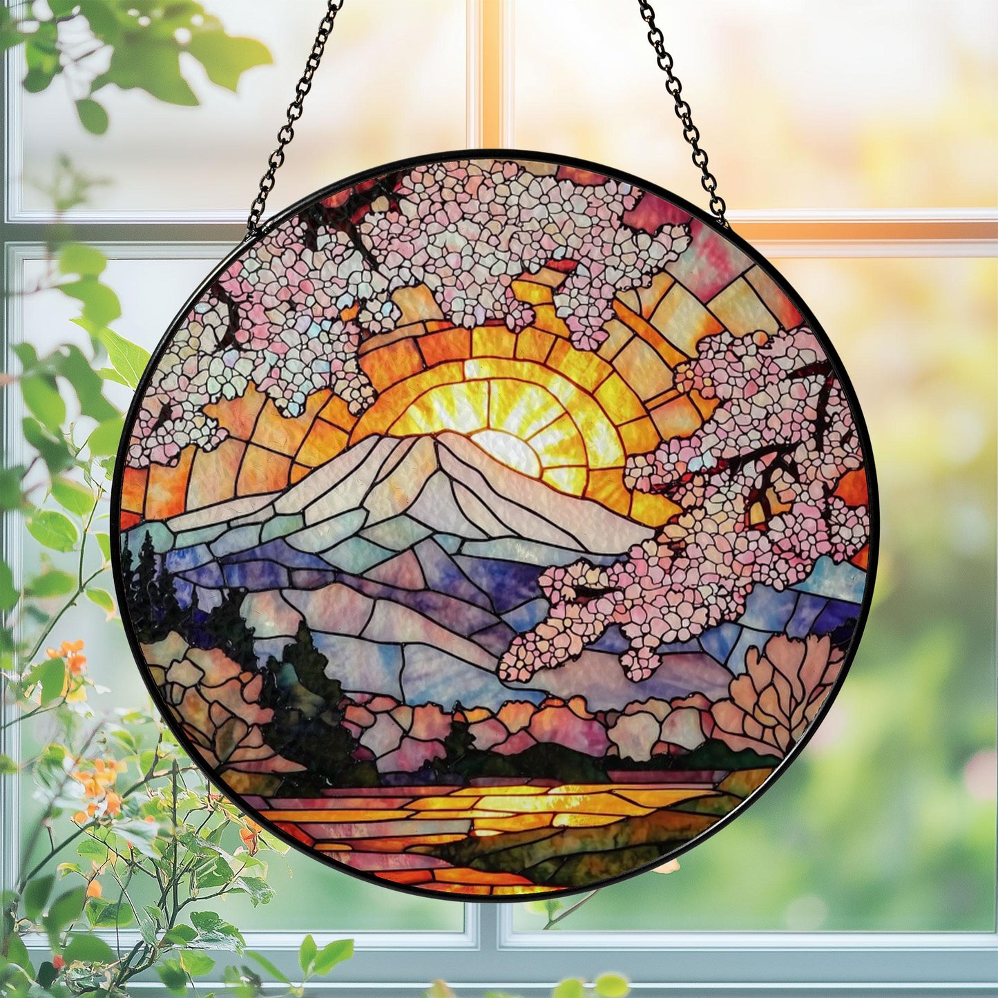 Cherry Blossom Stained Glass Suncatcher – Mount Fuji with Sunrise and Sakura Trees – Round Japanese Window Hanging Spring Decor