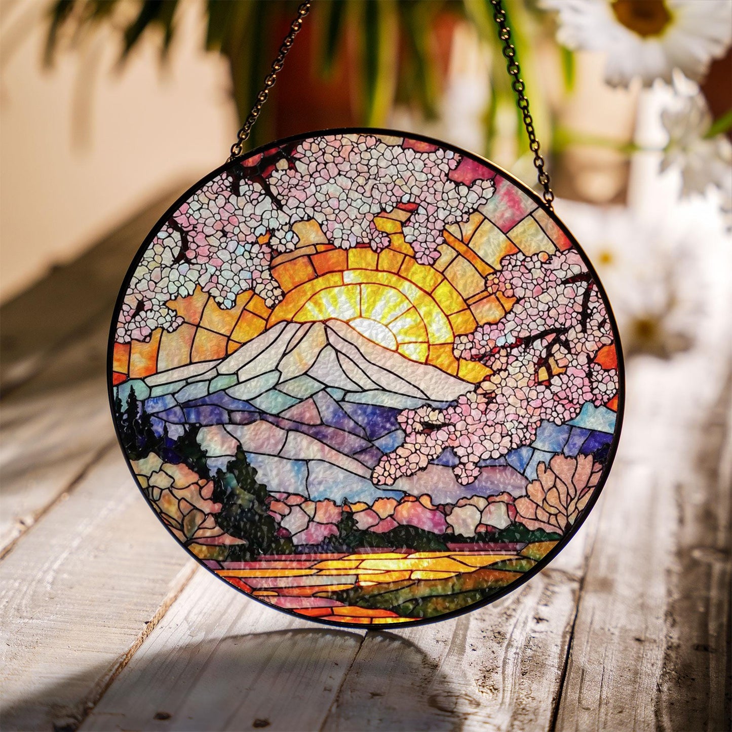 Cherry Blossom Stained Glass Suncatcher – Mount Fuji with Sunrise and Sakura Trees – Round Japanese Window Hanging Spring Decor