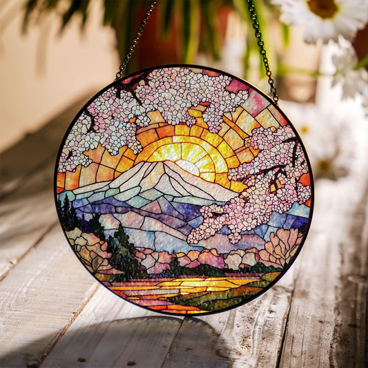 Cherry Blossom Stained Glass Suncatcher – Mount Fuji with Sunrise and Sakura Trees – Round Japanese Window Hanging Spring Decor