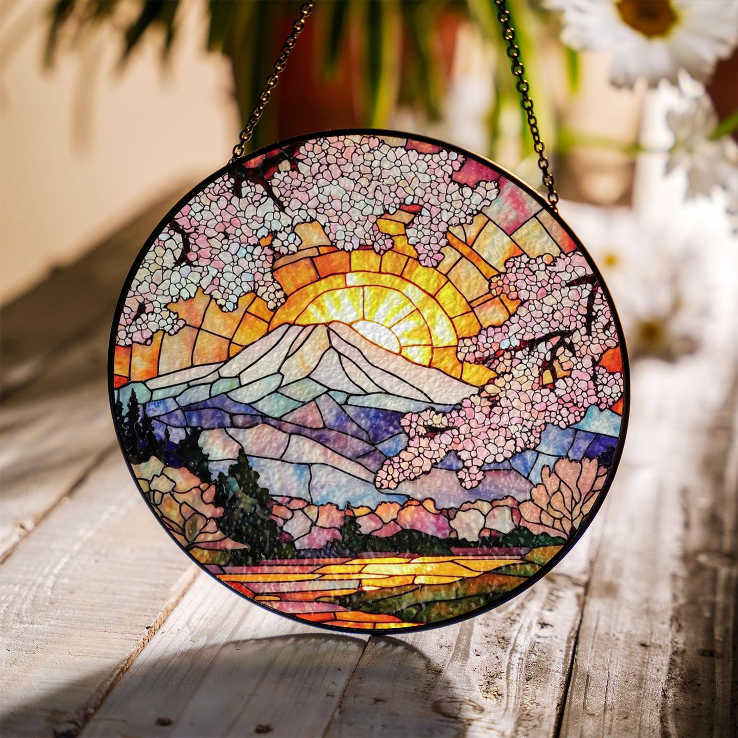 Cherry Blossom Stained Glass Suncatcher – Mount Fuji with Sunrise and Sakura Trees – Round Japanese Window Hanging Spring Decor