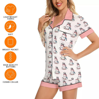 Women's Imitation Silk Short Sleeve Unicorn Pajama Set - Kawaii Sleepwear with Button Closure
