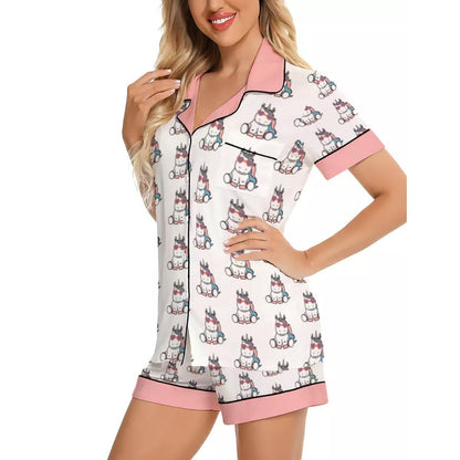 Women's Imitation Silk Short Sleeve Unicorn Pajama Set - Kawaii Sleepwear with Button Closure