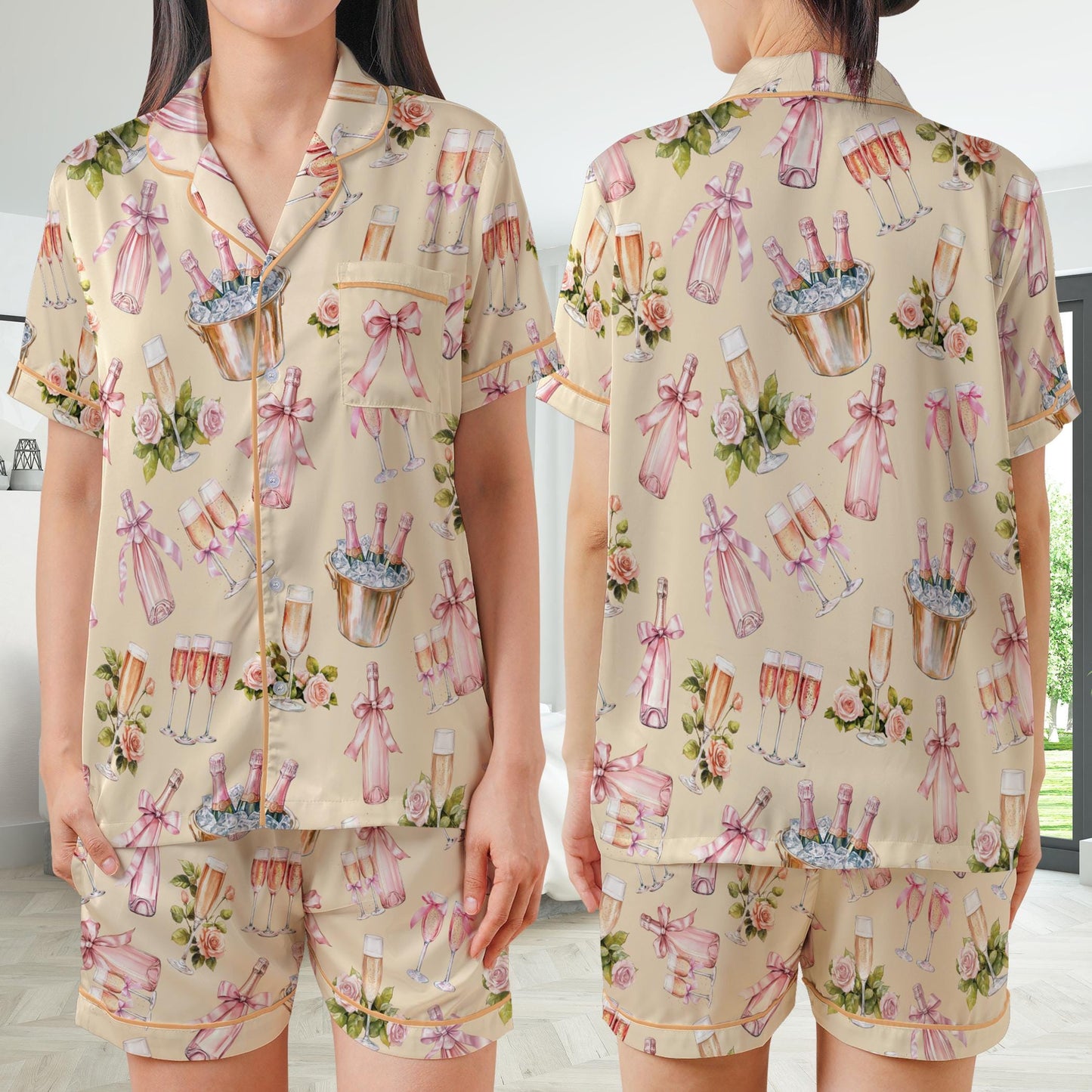 Funny Bach Champagne Pajamas Set, Bridesmaid Drinking Pajama Sleepwear Short Sleeve Pajamas, Matching Bachelorette Party Gift, Bride Pajamas