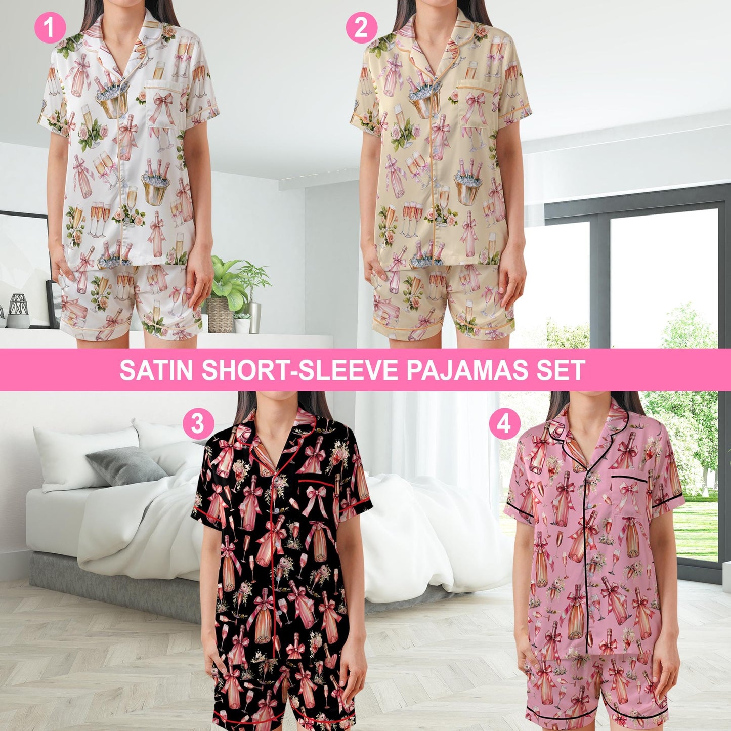 Funny Bach Champagne Pajamas Set, Bridesmaid Drinking Pajama Sleepwear Short Sleeve Pajamas, Matching Bachelorette Party Gift, Bride Pajamas