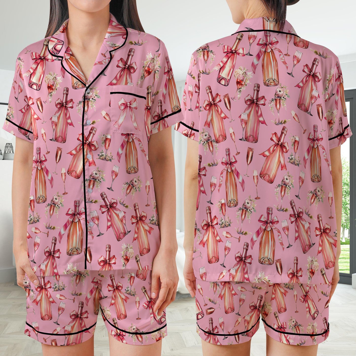 Funny Bach Champagne Pajamas Set, Bridesmaid Drinking Pajama Sleepwear Short Sleeve Pajamas, Matching Bachelorette Party Gift, Bride Pajamas