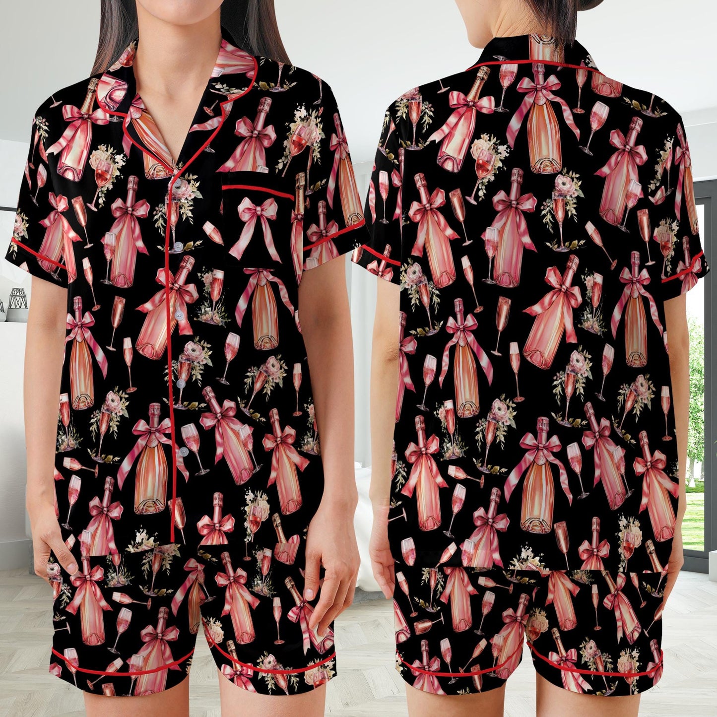 Funny Bach Champagne Pajamas Set, Bridesmaid Drinking Pajama Sleepwear Short Sleeve Pajamas, Matching Bachelorette Party Gift, Bride Pajamas