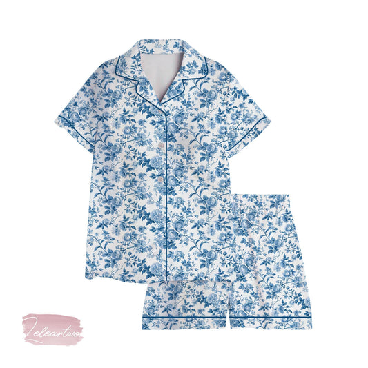 Liberty Blue Flower Set | Silky Satin Pajama Set for Women | Vintage Floral Toile Sleepwear | Blue and White Cottagecore Gift