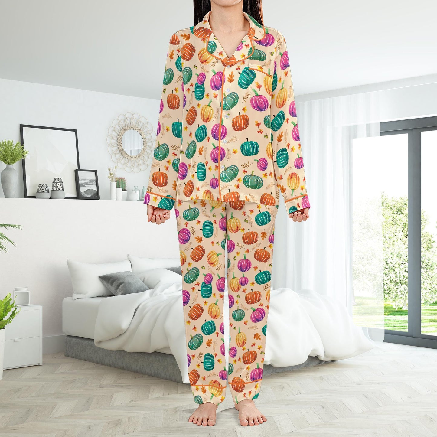 Cute Preppy Pumpkin Pajamas Set, Fall Pumpkin Pajama Sleepwear Short Long Sleeve Pajama Set, Retro Fall Vibes Home Wear, Pumpkin Season Set