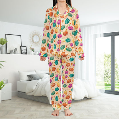 Cute Preppy Pumpkin Pajamas Set, Fall Pumpkin Pajama Sleepwear Short Long Sleeve Pajama Set, Retro Fall Vibes Home Wear, Pumpkin Season Set
