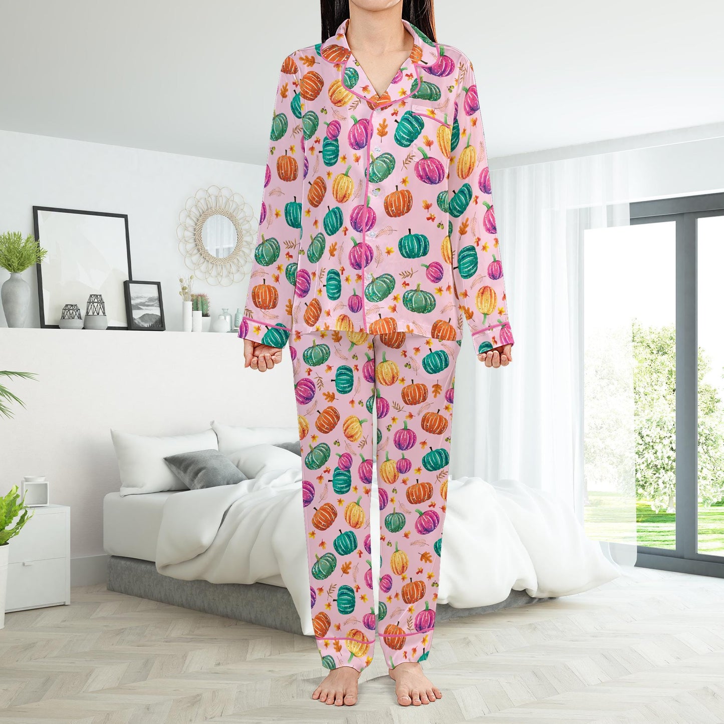 Cute Preppy Pumpkin Pajamas Set, Fall Pumpkin Pajama Sleepwear Short Long Sleeve Pajama Set, Retro Fall Vibes Home Wear, Pumpkin Season Set