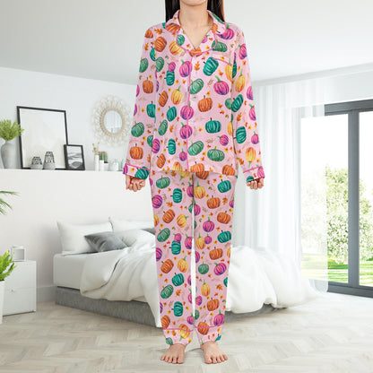 Cute Preppy Pumpkin Pajamas Set, Fall Pumpkin Pajama Sleepwear Short Long Sleeve Pajama Set, Retro Fall Vibes Home Wear, Pumpkin Season Set