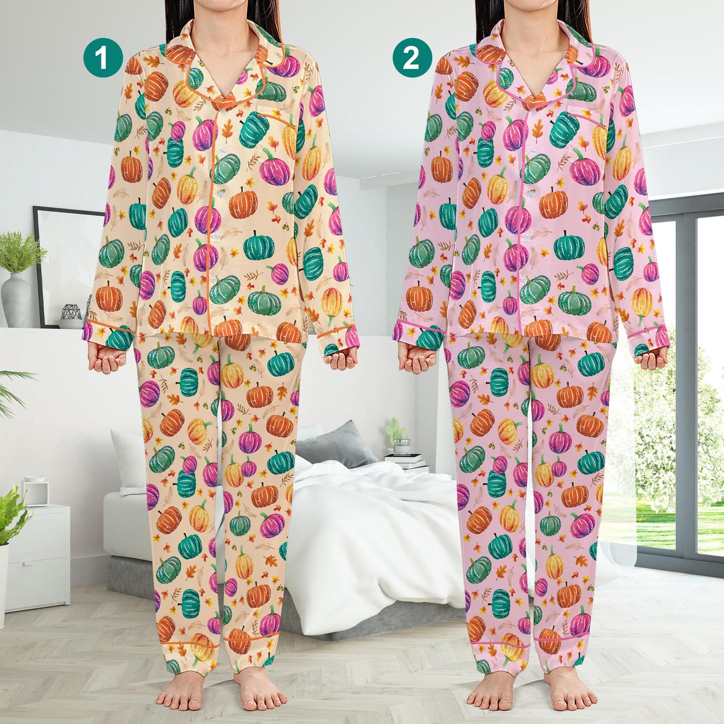 Cute Preppy Pumpkin Pajamas Set, Fall Pumpkin Pajama Sleepwear Short Long Sleeve Pajama Set, Retro Fall Vibes Home Wear, Pumpkin Season Set