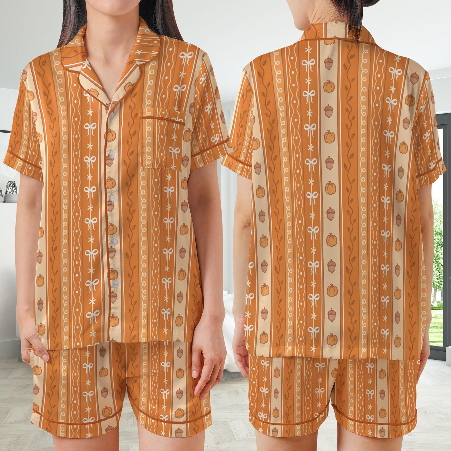 Cute Coquette Pumpkin Pajamas Set, Fall Pumpkin Pajama Sleepwear Short Long Sleeve Pajama Set, Fall Vibes Home Wear, Pumpkin Season Set