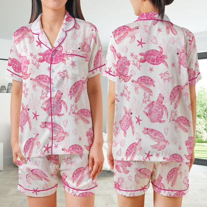 Cute Undersea Turtle Pajamas Set, Summer Vibes Pajama Sleepwear Short Long Sleeve Pajama Set, Sea Turtle Home Wear, Turtle Lover Gift