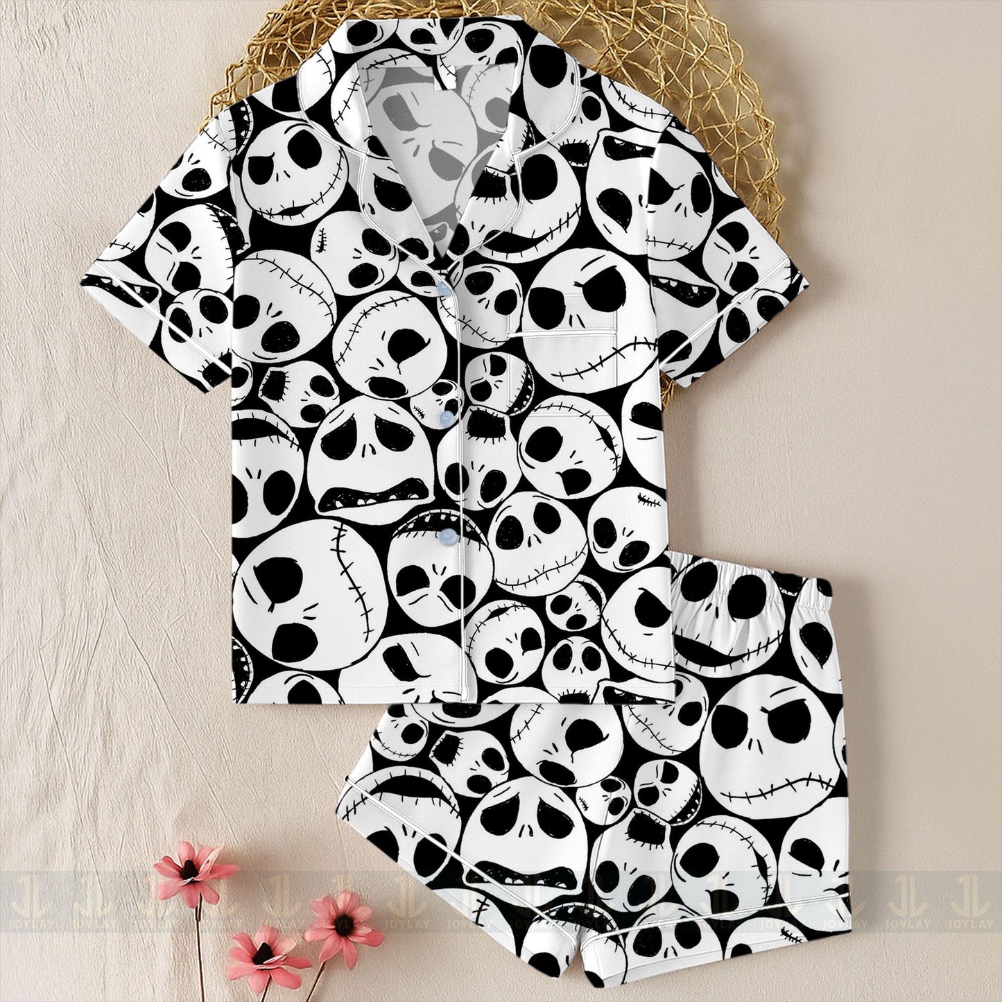 Jack Skellington Big Face Unisex Satin Pajamas Set, Spooky Season Pajamas , Long Sleeve And Short Styles