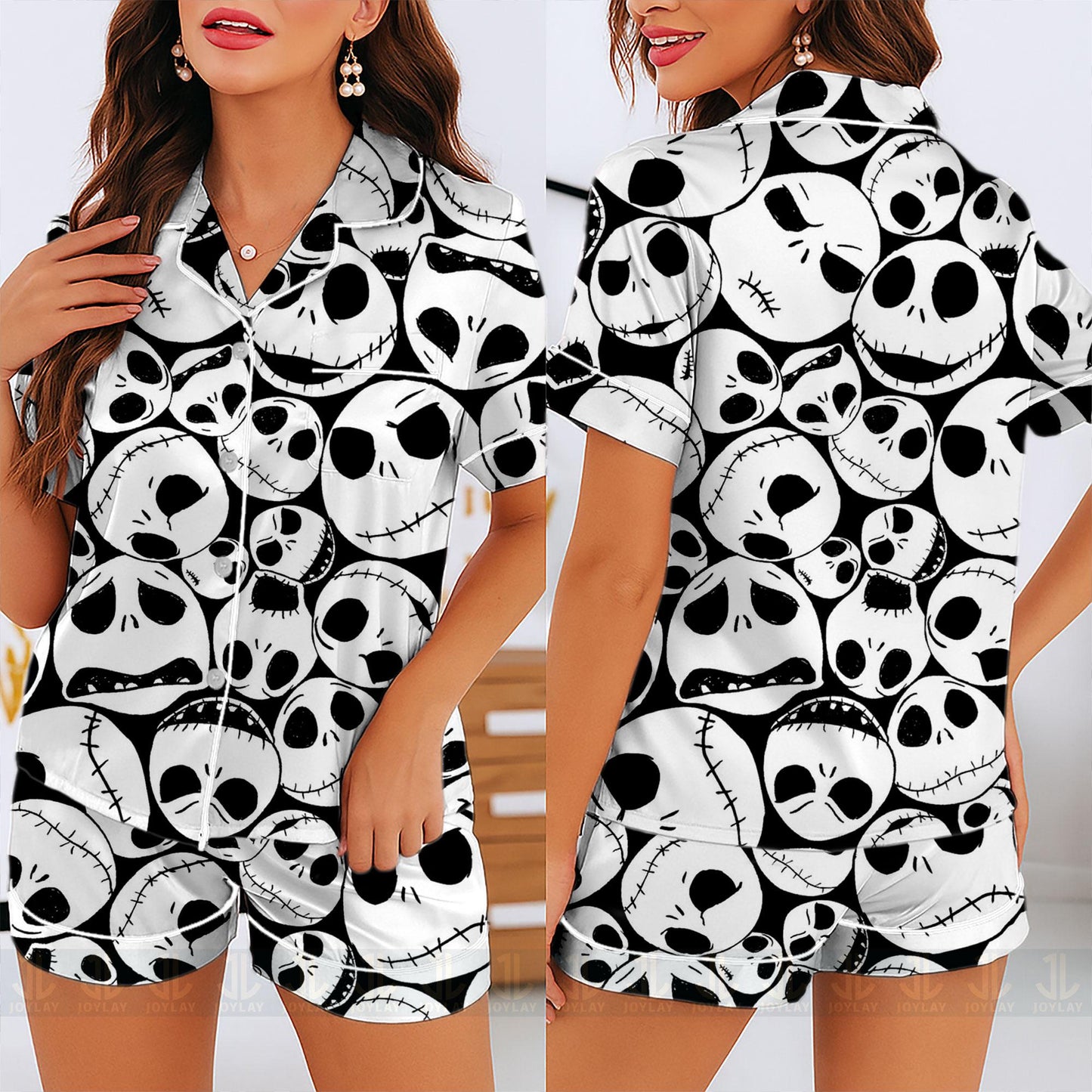 Jack Skellington Big Face Unisex Satin Pajamas Set, Spooky Season Pajamas , Long Sleeve And Short Styles