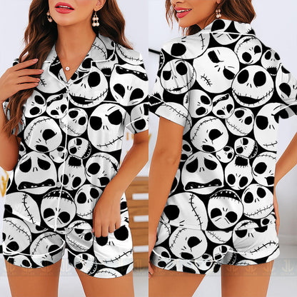 Jack Skellington Big Face Unisex Satin Pajamas Set, Spooky Season Pajamas , Long Sleeve And Short Styles