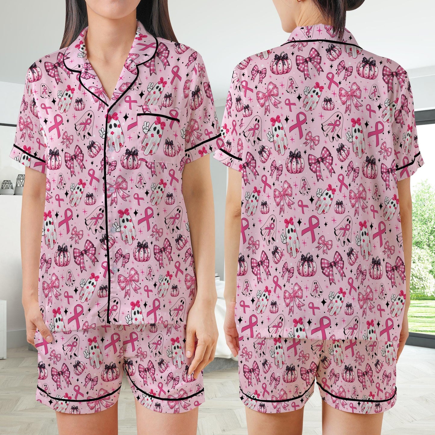 Cute Boo To Cancer Satin Pajamas Set, October Breast Cancer Awareness Pajama Set, Pink Ribbon Sleepwear, Coquette Breast Cancer Halloween