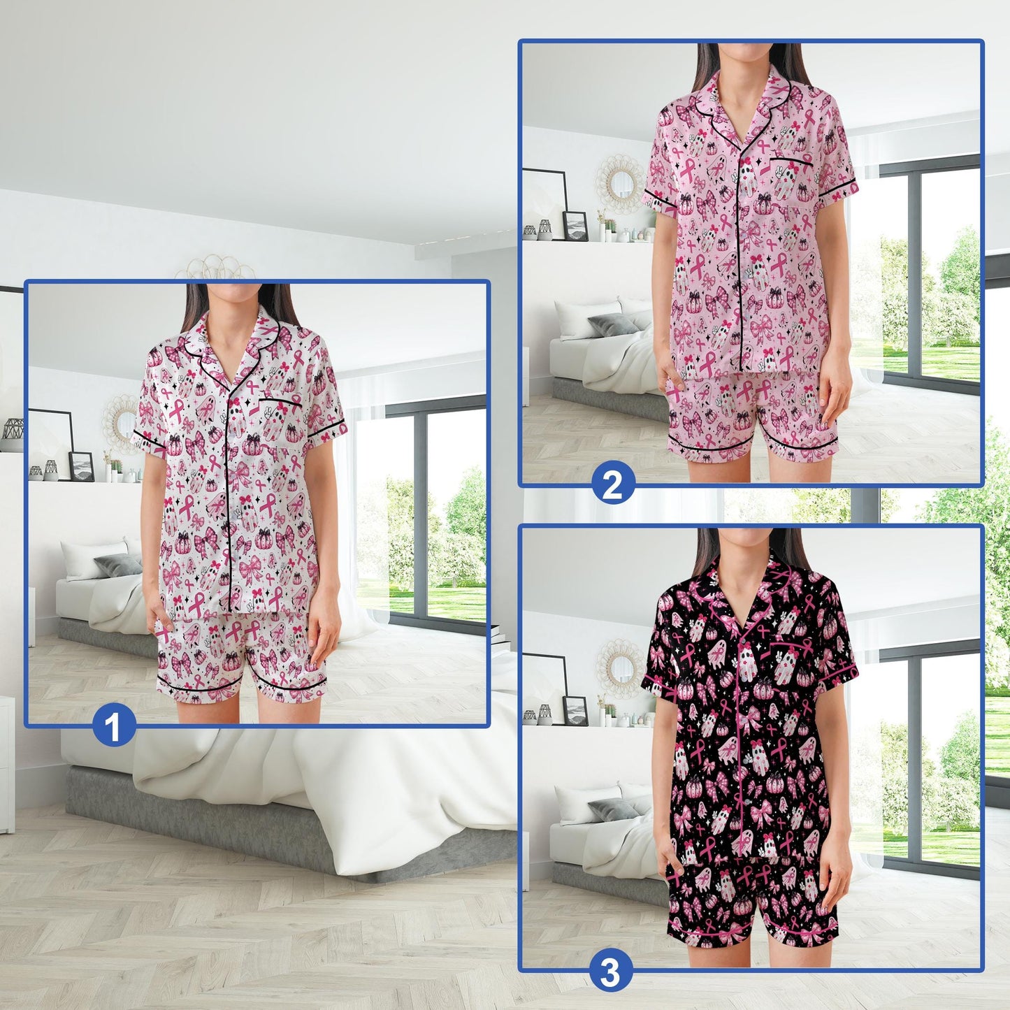 Cute Boo To Cancer Satin Pajamas Set, October Breast Cancer Awareness Pajama Set, Pink Ribbon Sleepwear, Coquette Breast Cancer Halloween