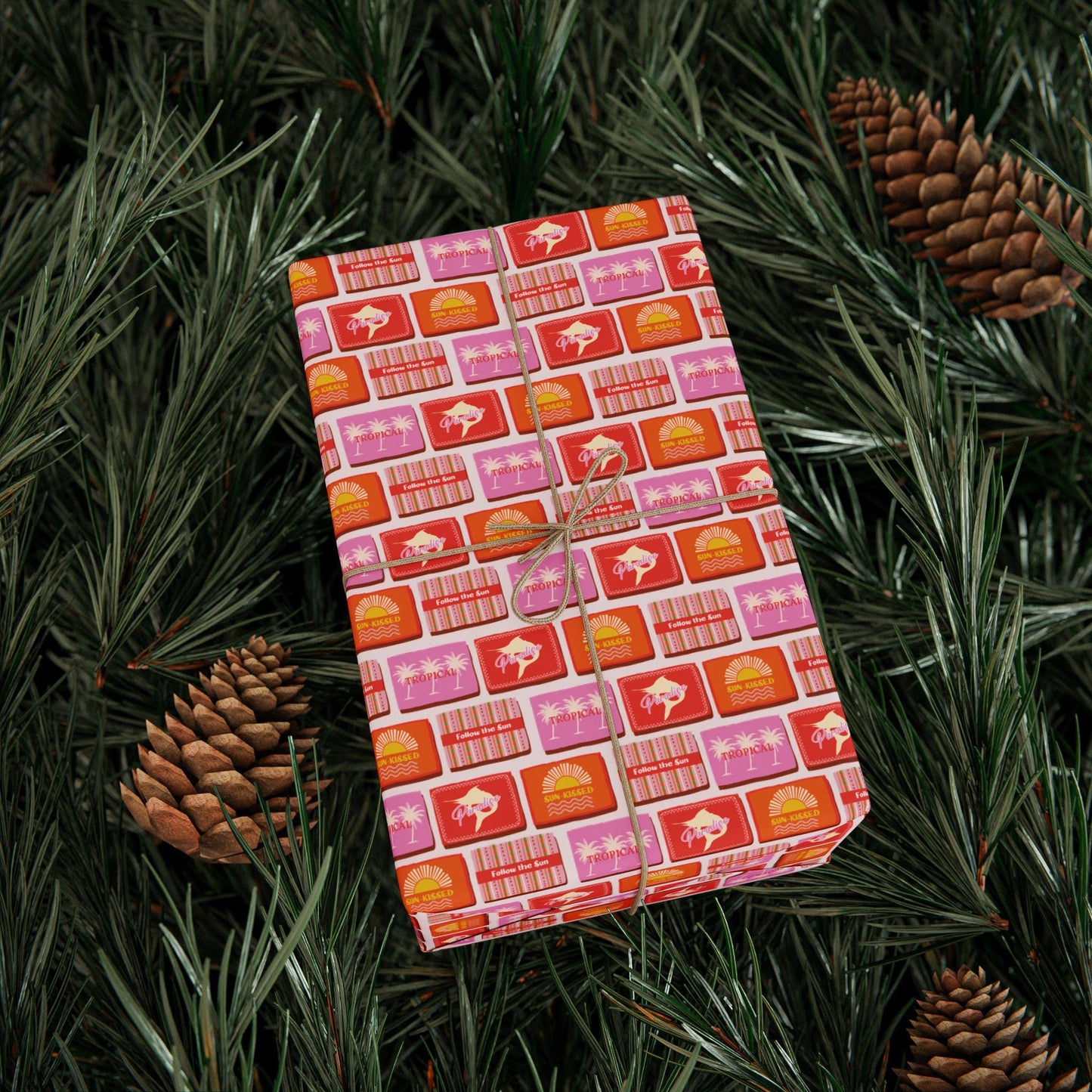 Tropical Hawaii Wrapping Paper with Island Flowers Palms and Exotic Fruits for Beach Birthday Bachelorette Coastal Summer Wedding Gift Wrap