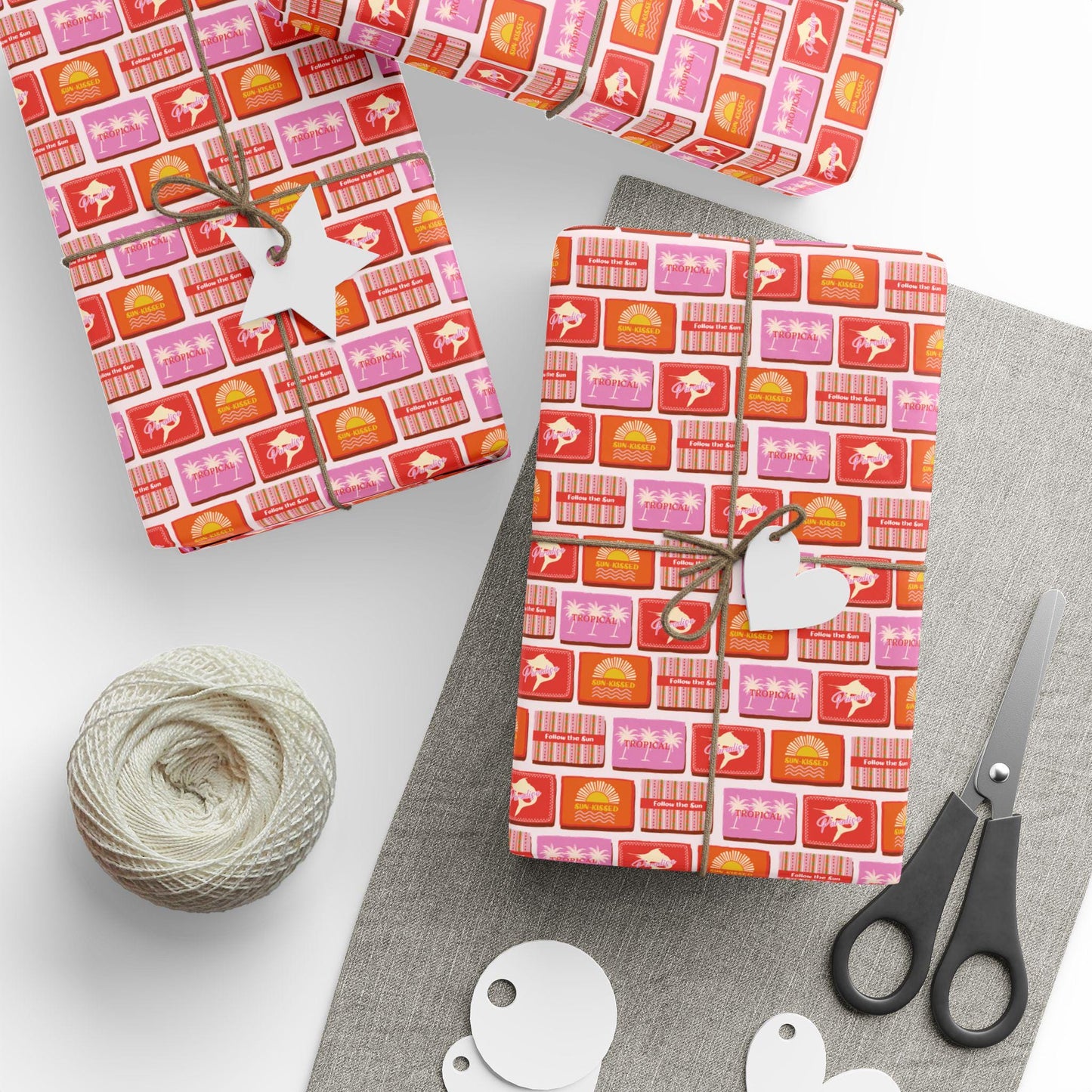Tropical Hawaii Wrapping Paper with Island Flowers Palms and Exotic Fruits for Beach Birthday Bachelorette Coastal Summer Wedding Gift Wrap