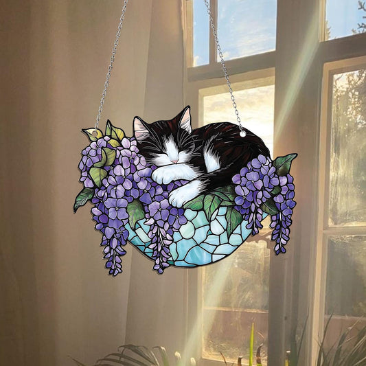 Black Cat Sleeping On Wisteria Basket Ornament, Wisteria Cat Acrylic Window Hanging, Gift For Cat Lover, Wisteria Lover Gift, Black Cat Gift