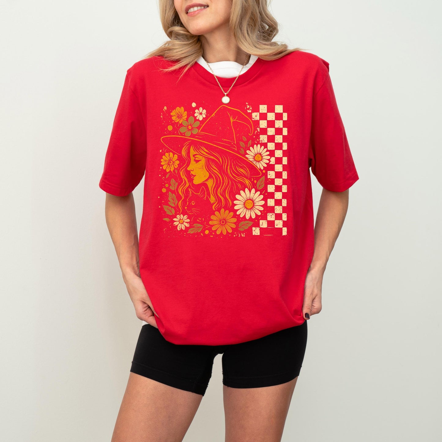 Checkered Witchy Shirt, Checkered Halloween Shirt, Floral Witchy Sweatshirt, Feminism Halloween T-Shirt, Womens Retro Boho Floral Witch Tee