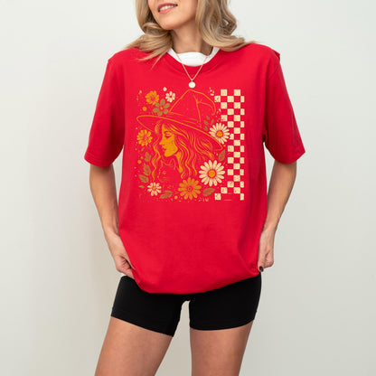 Checkered Witchy Shirt, Checkered Halloween Shirt, Floral Witchy Sweatshirt, Feminism Halloween T-Shirt, Womens Retro Boho Floral Witch Tee