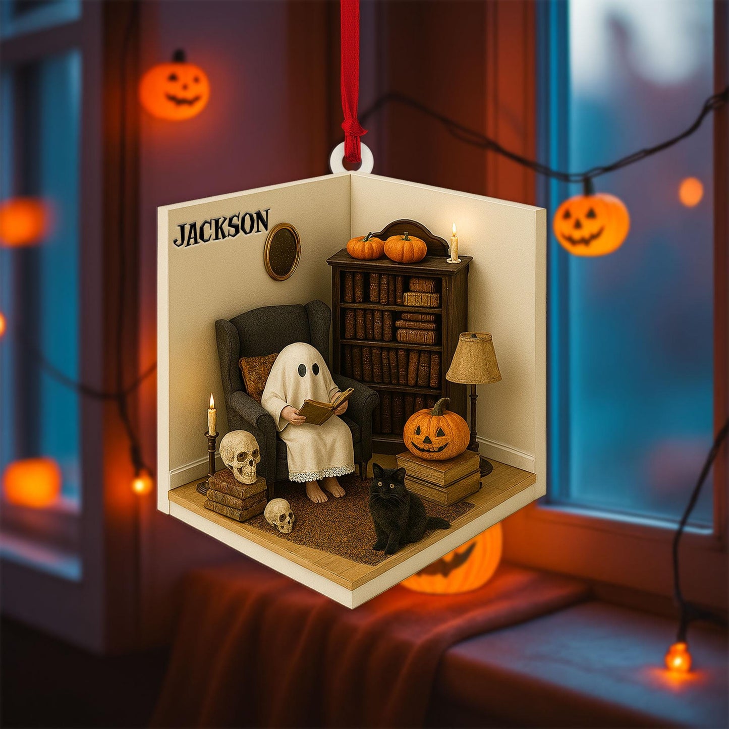 Personalized Ghost Reading Book 2D Flat Acrylic Ornament, Reading Room Halloween Ornament, Bookshelf Gift, Halloween Ghost Window Hangings
