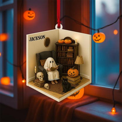 Personalized Ghost Reading Book 2D Flat Acrylic Ornament, Reading Room Halloween Ornament, Bookshelf Gift, Halloween Ghost Window Hangings