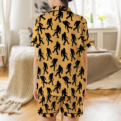 Sasquatch Pajama Set Short Sleeves, Bigfoot Woman's Satin Pajama Short Sleeve Shorts Big foot Gift