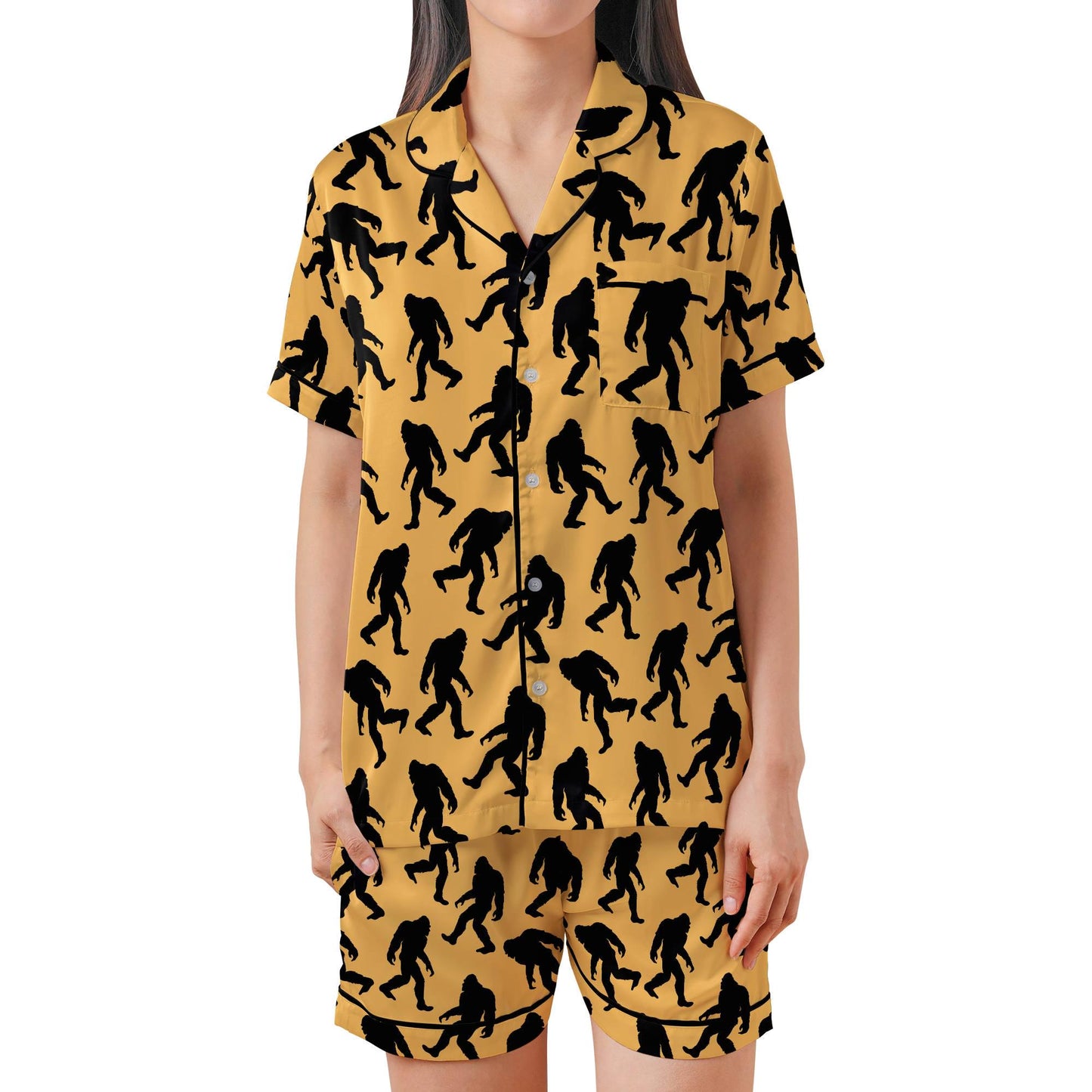 Bigfoot Pajama Set Short Sleeves, Sasquatch Woman's Satin Pajama Short Sleeve Shorts Big foot Gift