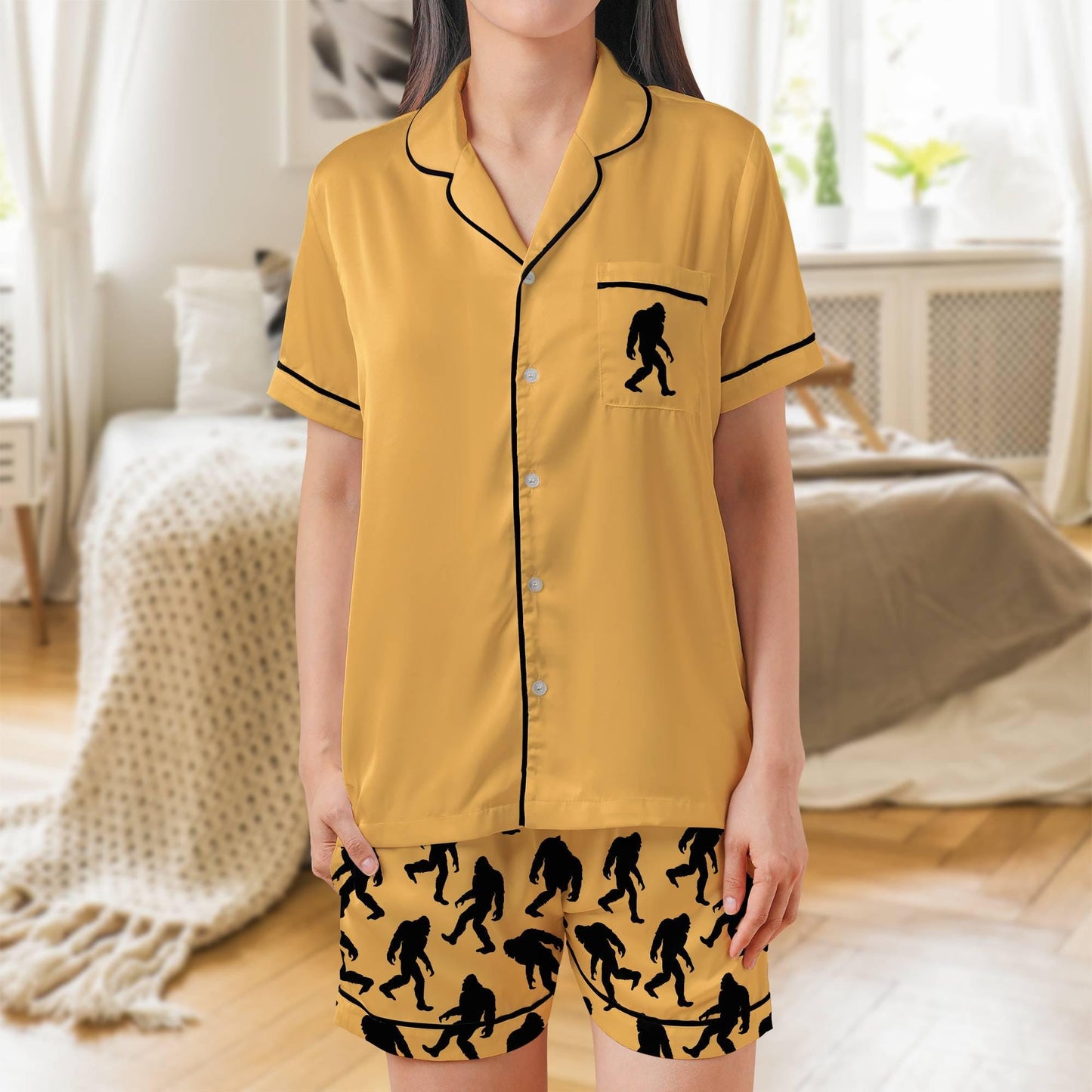 Bigfoot Pajama Set Short Sleeves, Sasquatch Woman's Satin Pajama Short Sleeve Shorts Big foot Gift