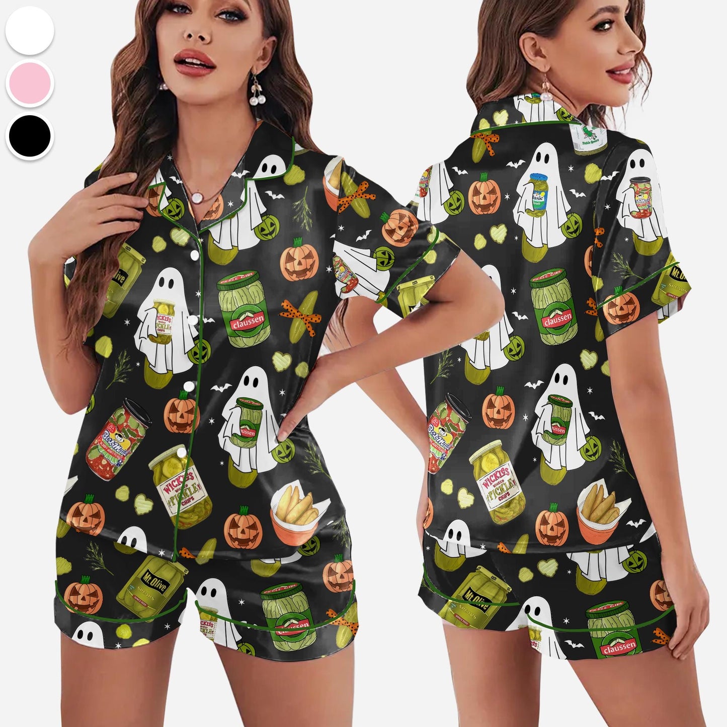 Halloween Pickle Print Satin Pajamas Set Printed Comfortable Satin Pajamas and Loungewear Pjs Short Sleeve Top & Shorts Withought Pockets