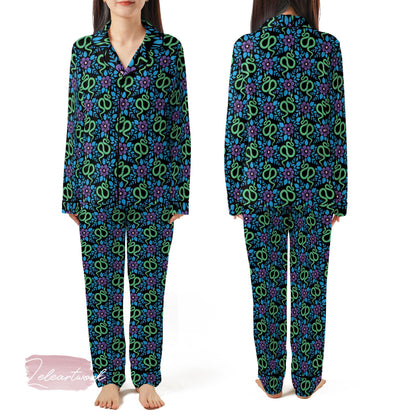 Green Snake Floral Satin Pajama Set for Women | Botanical Serpent Print Loungewear | Bold Boho Sleepwear