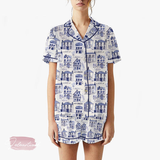 House Blue Toile Satin Pajama Set for Women | Cottagecore French Country Loungewear