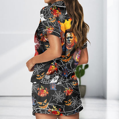 Horror Movie Satin Pajama Set, Michael Myers Freddy Krueger Chucky PJs, Halloween Sleepwear, Spooky Cute Gift
