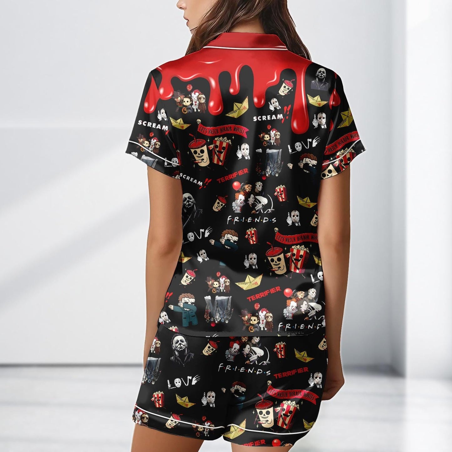 Let’s Watch Horror Movies Satin Pajama Set, Friends Scream Pjs, Halloween Sleepwear, Spooky Cute Horror Costume