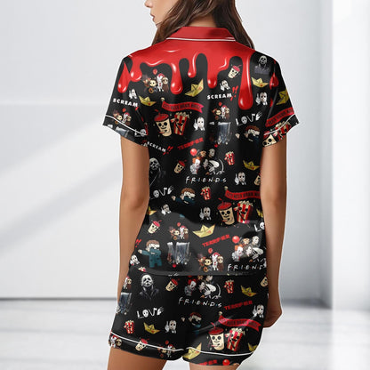 Let’s Watch Horror Movies Satin Pajama Set, Friends Scream Pjs, Halloween Sleepwear, Spooky Cute Horror Costume