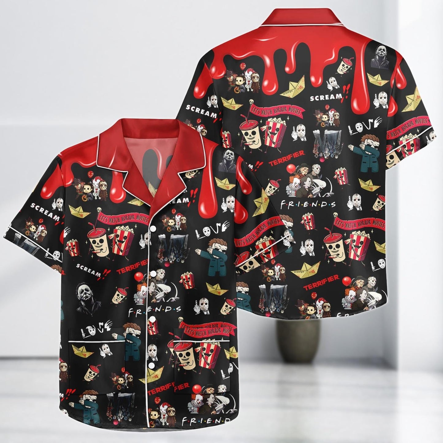 Let’s Watch Horror Movies Satin Pajama Set, Friends Scream Pjs, Halloween Sleepwear, Spooky Cute Horror Costume