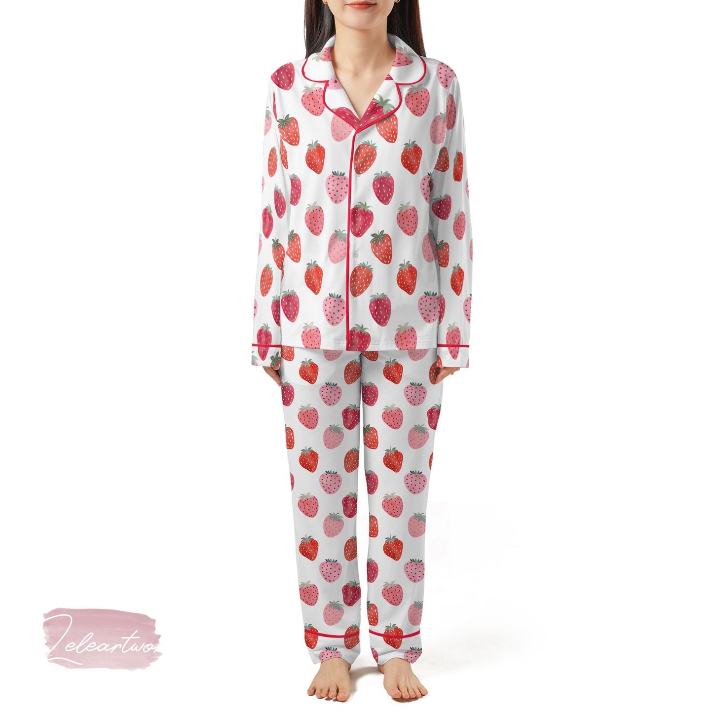 Jam Strawberry Set – Cute Summer Pajamas with Pink and Red Strawberry Print, Short Sleeve Button Top & Shorts, Soft Women’s Sleepwear Gift